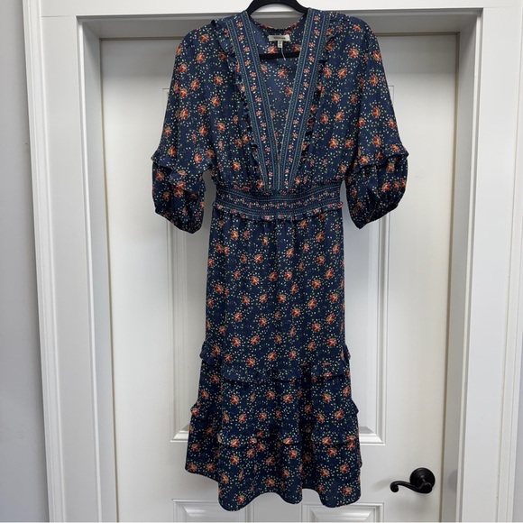 Max Studio V Neck Empire Waist Blue, Red, Yellow Floral Midi Dress - Picture 6 of 13